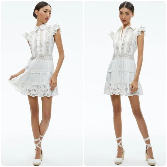 meeko embroidered ruffled sleeve shirt dress Ivory White Eyelet Ruffled Mini Graduation Dress Ivory White / Large